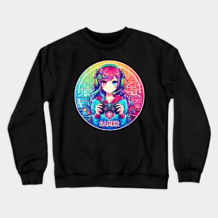 Neon Anime Manga gamer girl playing video games Crewneck Sweatshirt